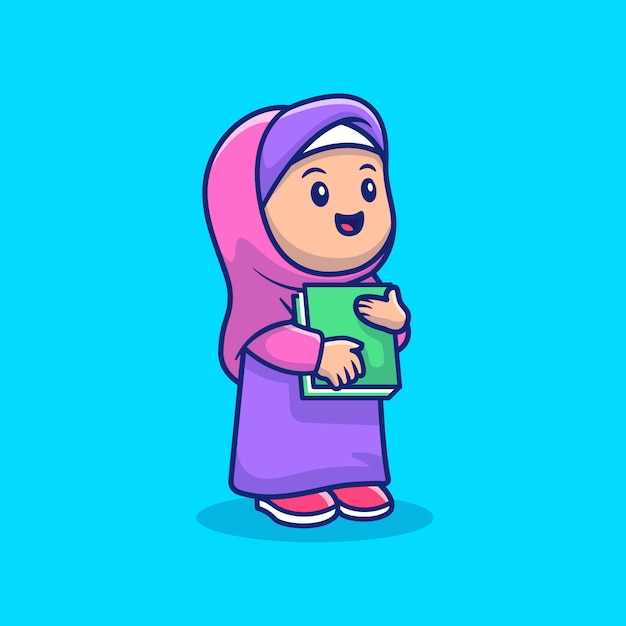 Jolie Fille Tenant L'icône Du Livre Illustration. Personnage De Dessin Animé De Mascotte Ramadan.