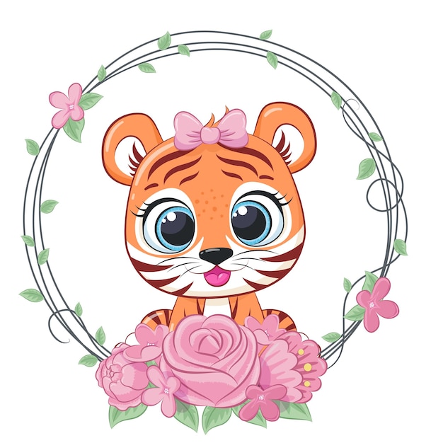 Jolie Fille De Tigre Avec Des Fleurs Et Une Couronne. Illustration Vectorielle D'un Dessin Animé.