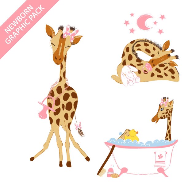 Jolie Girafe Bébé Fille Célébrant Le Nouveau-né Isolé Sur Fond Blanc Collection De Jeu D'illustration Vectorielle