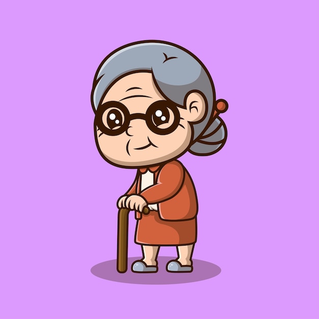 Une jolie grand-mère marche avec un bâton. Icon de dessin animé. Illustration. Concept d'icône plate.