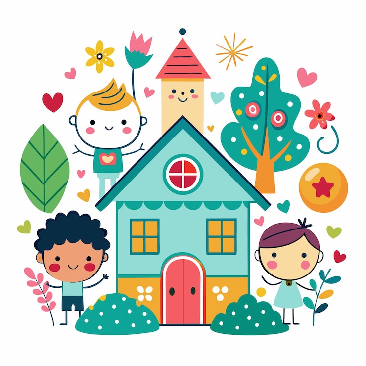 Vecteur une jolie illustration de dessin animé d'enfants jouant devant une maison avec un visage souriant