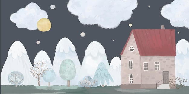 Jolie illustration enfantine du paysage d'hiver avec maison, arbres et montagnes