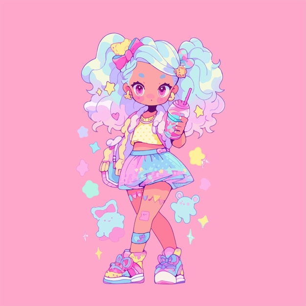 Vecteur une jolie illustration de fille de dessin animé kawaii