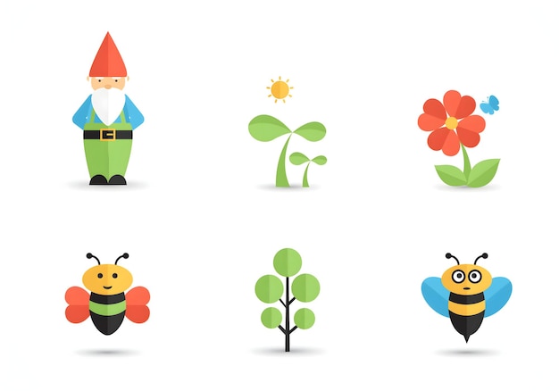 Une jolie illustration de jardin avec des plantes gnomes, des fleurs, des abeilles et du soleil dans un design plat