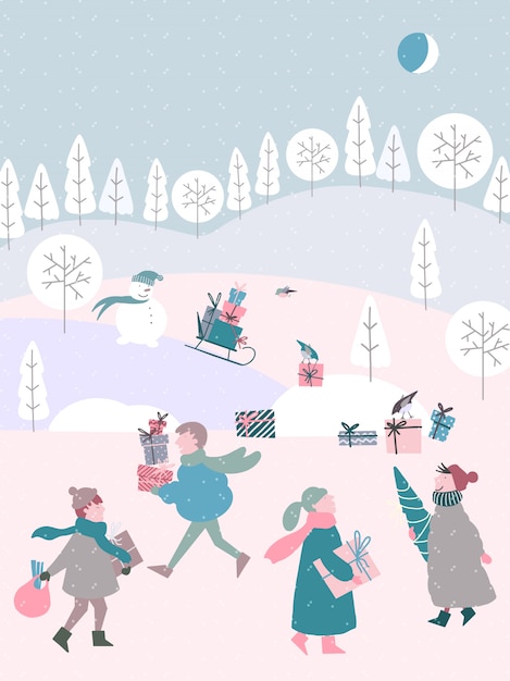 Jolie Illustration De Noël De La Saison D'hiver Avec Des Gens