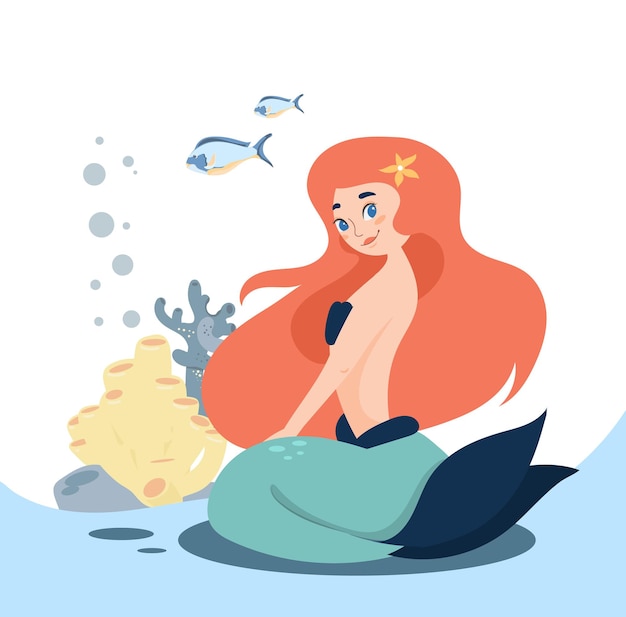 Jolie Illustration D'une Sirène Avec Des Poissons Et Des Coraux. Personnage De Conte De Fées Mignon En Style Cartoon. Illustration Vectorielle.