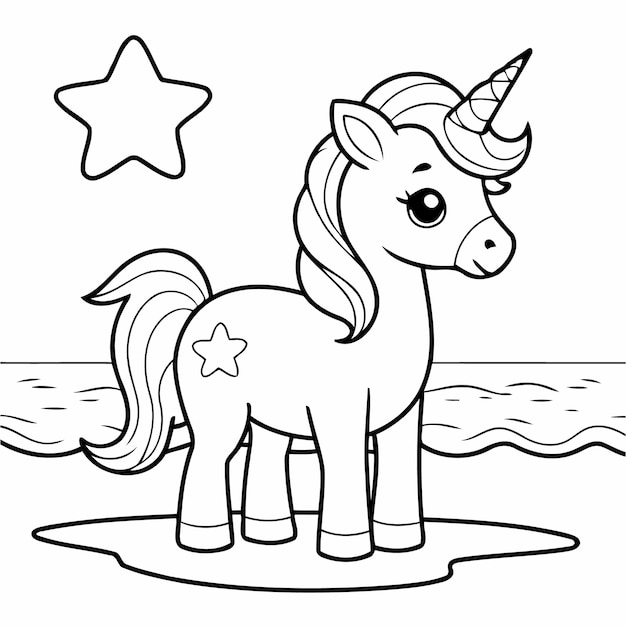 Vecteur une jolie illustration vectorielle, un doodle de licorne en noir et blanc pour les enfants.