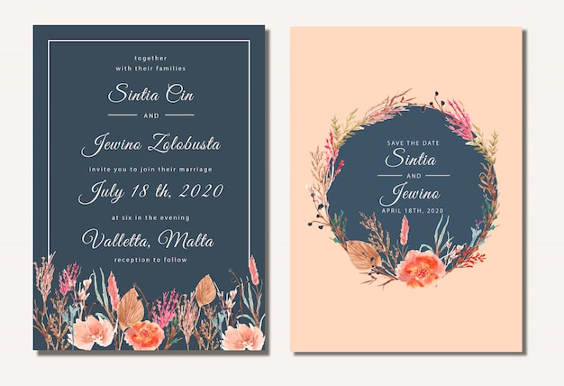 Jolie Invitation De Mariage Avec Aquarelle De Fleurs Sèches