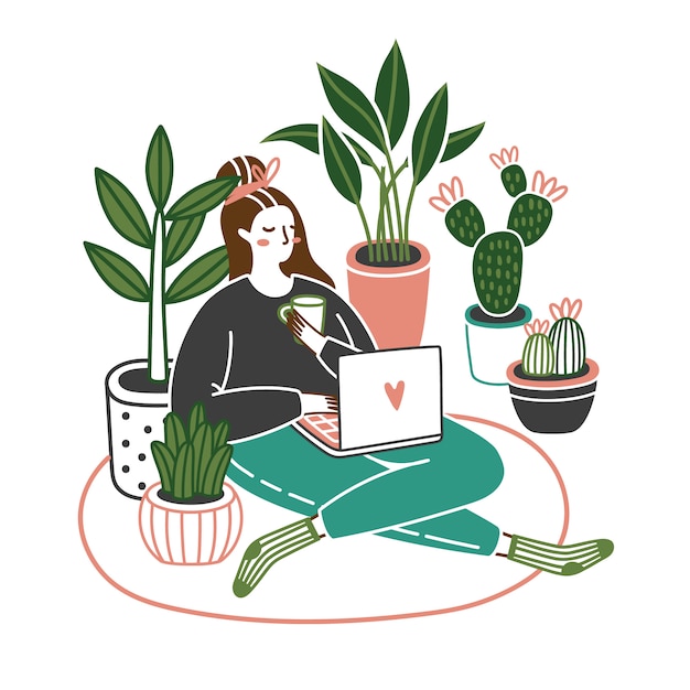 Jolie Jeune Femme Assise Sur Le Sol Avec Un Ordinateur Portable à La Maison Avec Des Plantes Qui Poussent Dans Des Pots. Travailler Ou Se Détendre. Illustration De Vecteur De Dessin Animé