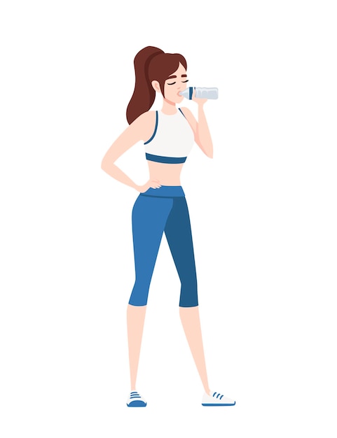 Vecteur jolie jeune femme en tenue de fitness tenant et buvant de l'eau en bouteille cartoon character design plat vector illustration.