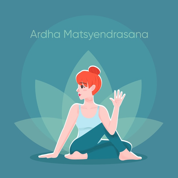 Jolie jeune femme train yoga asana ardha matsyendrasana assis sur le sol avec fond de lotus