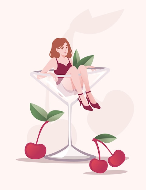 Jolie Jeune Fille Assise Dans Un Verre à Cocktail Vide Avec Des Baies De Cerise Et Des Feuilles Vertes Illustration Vectorielle Plane Sur Fond Blanc