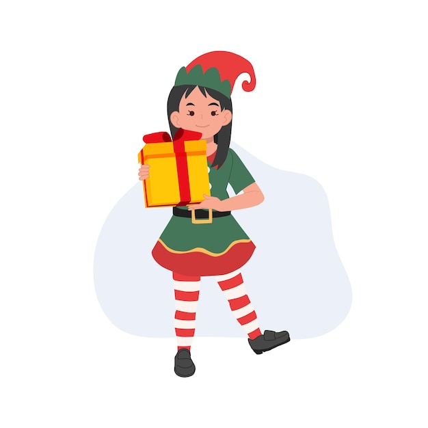 Jolie Jeune Fille Elfe De Noël Avec Illustration Vectorielle De Boîte Actuelle