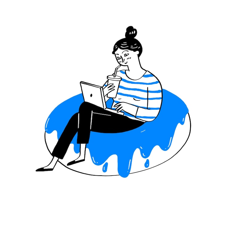 Vecteur une jolie jeune fille est assise sur un coussin en forme de beignet. dessiné à la main, illustration vectorielle, style doodle