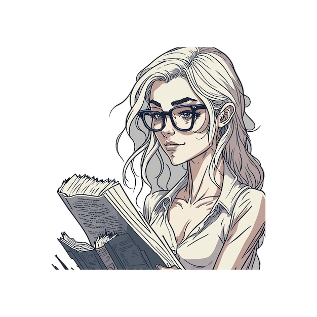 Une jolie jeune fille lisant un livre avec des lunettes illustration