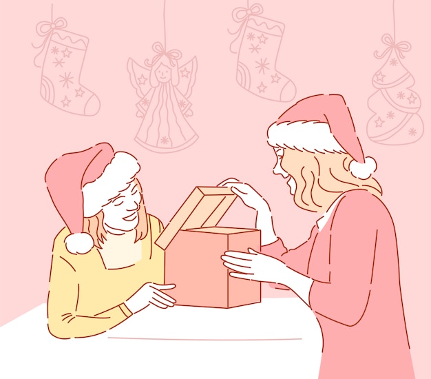 Vecteur jolie jolie fille en bonnet de noel rouge tenir la boîte de cadeau de noël en vacances. bonne année. les filles ouvrent des cadeaux de noël.