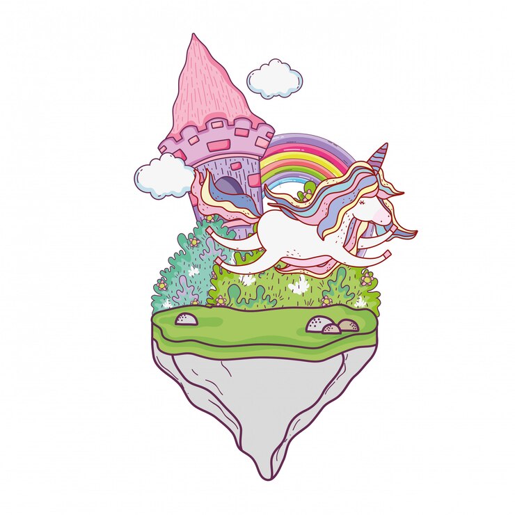 Vecteur jolie licorne avec château et arc-en-ciel