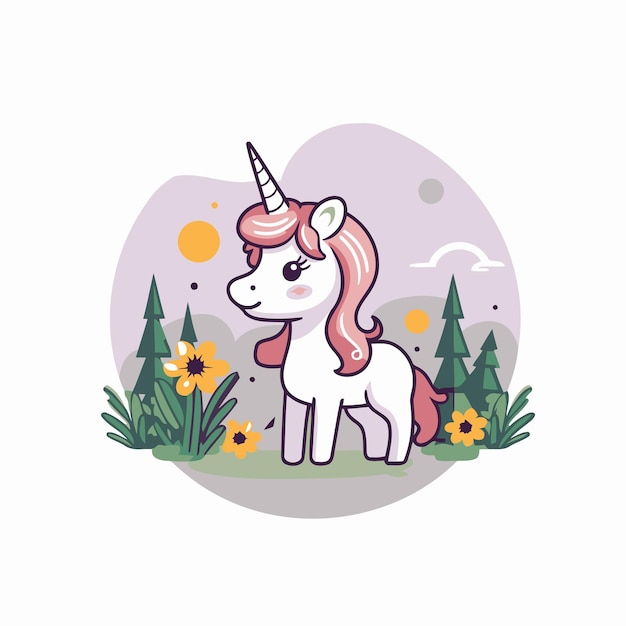 Vecteur une jolie licorne de dessin animé dans la forêt illustration vectorielle en style plat