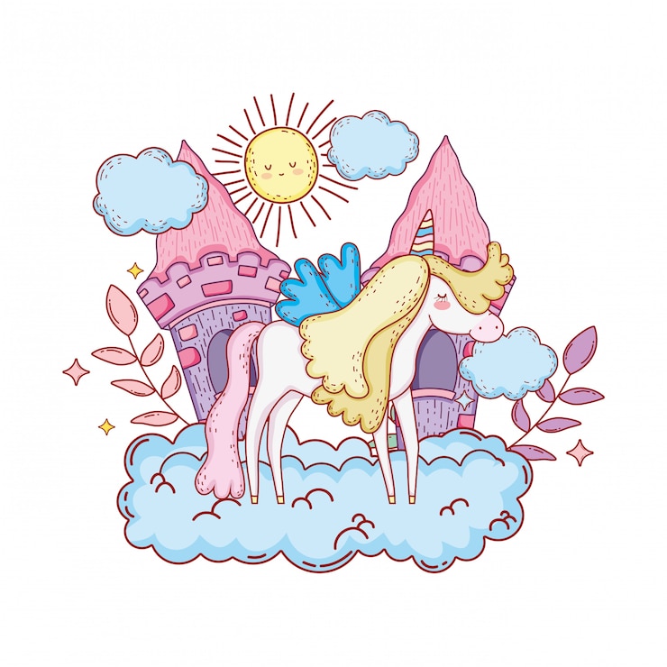 Vecteur jolie licorne avec nuages et château