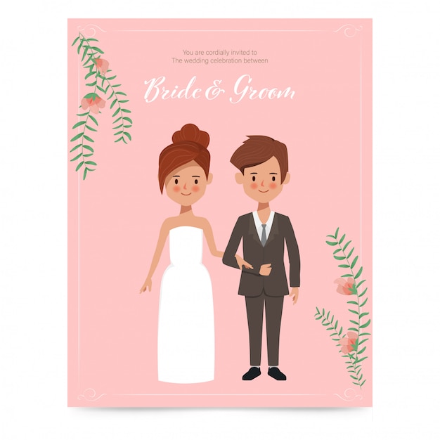 Jolie Mariée Et Le Marié Pour La Carte D'invitation De Mariage. Personnage Dessiné De Main Couple Romantique.