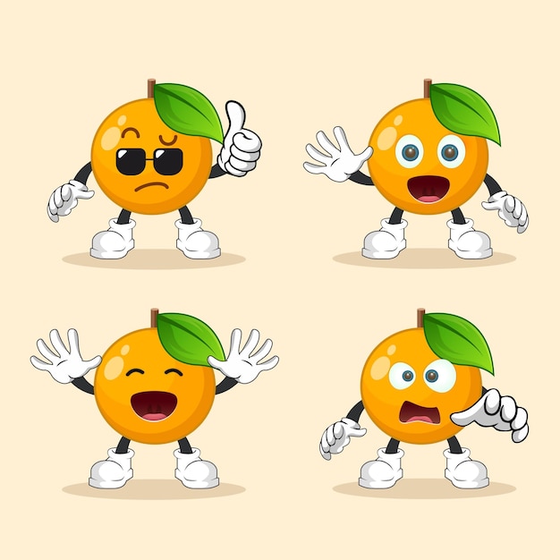 Jolie Mascotte De Fruits Orange Avec Divers Types D'expressions