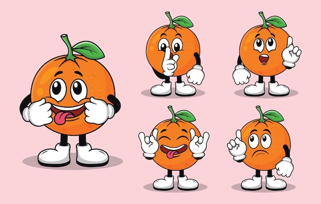 jolie mascotte de fruits orange avec divers types d'expressions