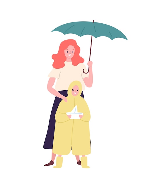 Jolie Mère Et Fille Vêtue D'un Imperméable Debout Sous Un Parapluie. Maman Et Enfant Marchant Dehors Le Jour De Pluie. Famille Heureuse, Parentalité Et Maternité. Illustration Vectorielle Coloré De Dessin Animé Plat.