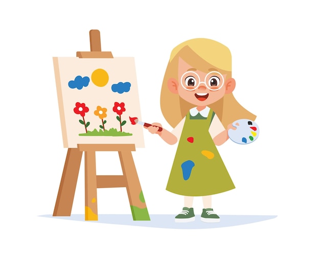 Vecteur une jolie petite artiste tenant une palette de couleurs et une peinture au pinceau sur la toile