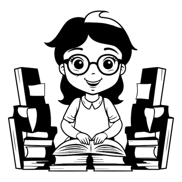 Vecteur une jolie petite étudiante qui lit un livre dans la bibliothèque illustration vectorielle conception graphique
