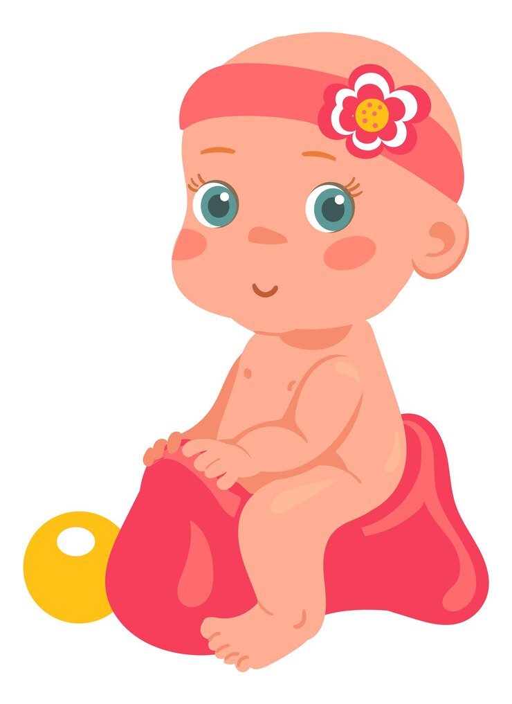 Vecteur jolie petite fille assise sur un pot en plastique, toilettes pour enfants isolées sur fond blanc