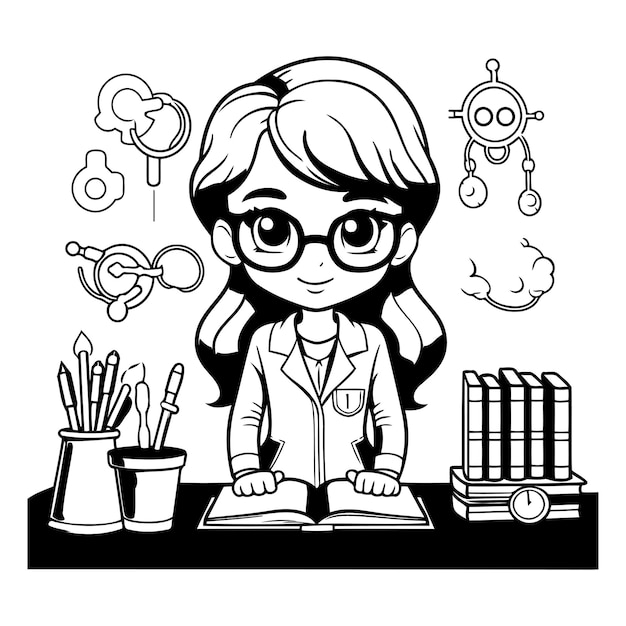 Vecteur une jolie petite fille en classe de sciences illustration vectorielle en noir et blanc