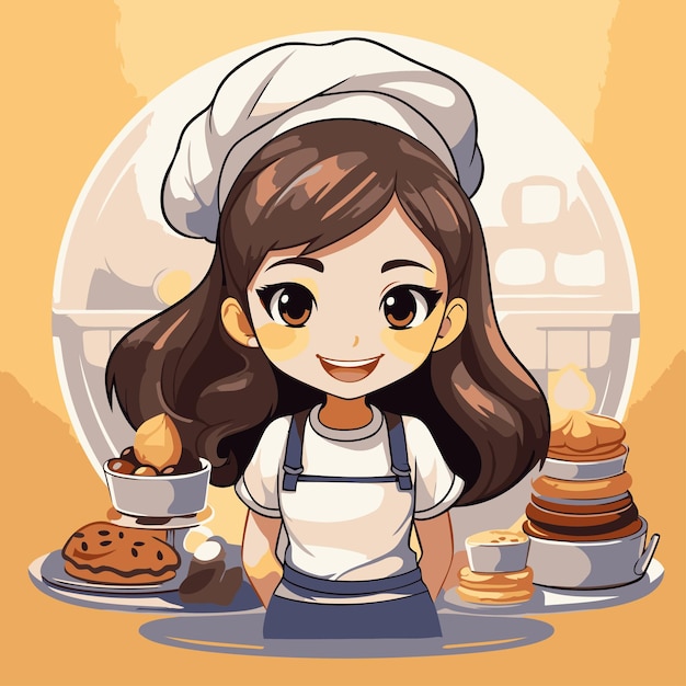 Vecteur une jolie petite fille cuisinière avec du gâteau et des biscuits illustration vectorielle