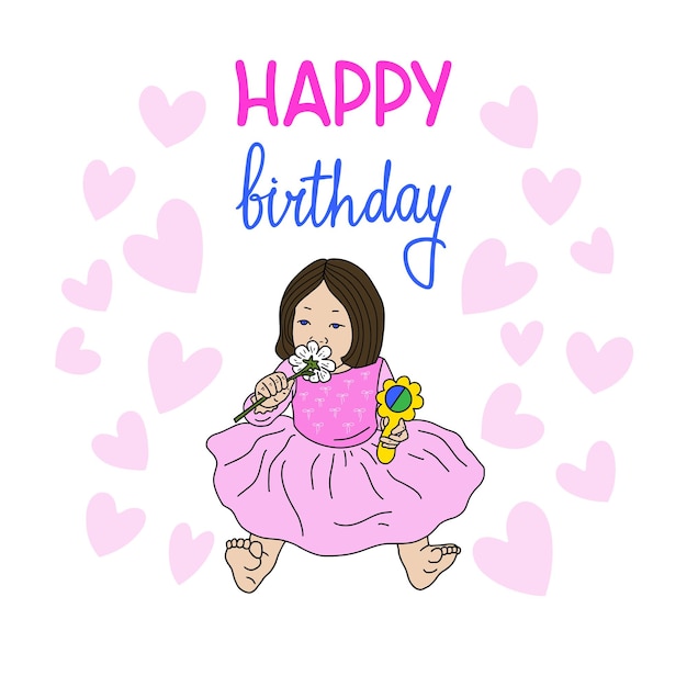 Jolie Petite Fille Dans Une Belle Robe Joyeux Anniversaire Cartoonstyle Illustration