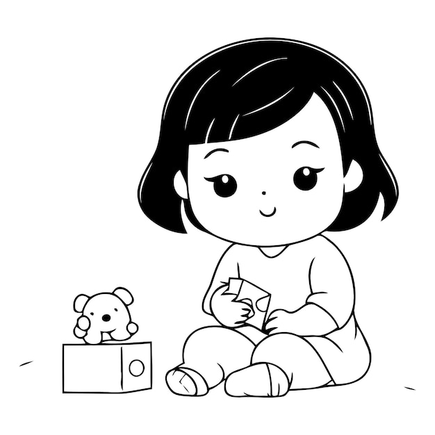 Vecteur une jolie petite fille jouant avec un jouet dans le style des dessins animés