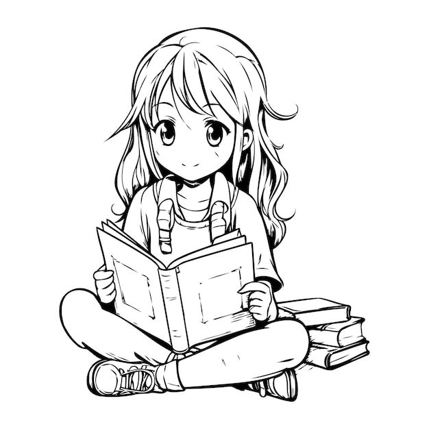 Vecteur jolie petite fille lisant un croquis de livre pour votre illustration vectorielle de conception