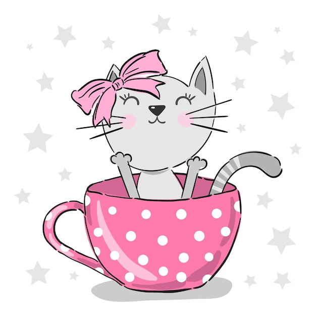 Vecteur jolie petite fille minou avec un arc rose à l'intérieur de la tasse