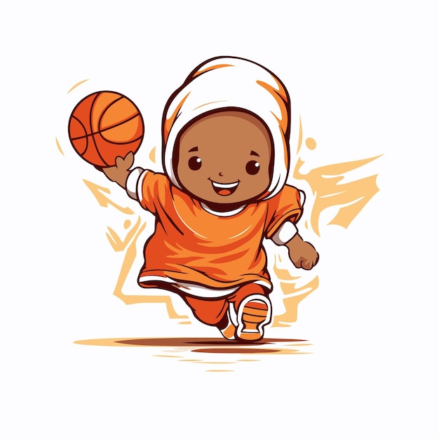 Vecteur une jolie petite fille musulmane jouant au basket. illustration vectorielle de dessin animé.