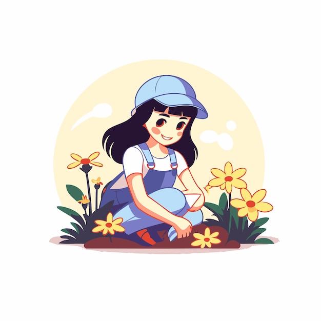 Une Jolie Petite Fille Plantant Des Fleurs Dans Le Jardin Illustration Vectorielle