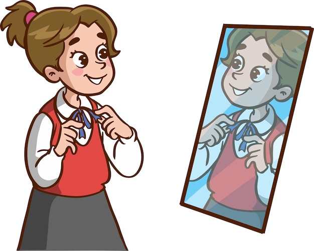 Jolie Petite Fille Portant Un Haut Devant L'illustration Vectorielle De Miroir Dessin Animé