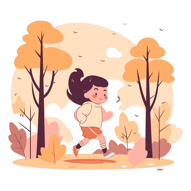 Vecteur une jolie petite fille qui court dans le parc d'automne