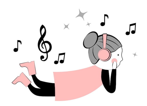 Vecteur une jolie petite fille qui écoute de la musique avec des écouteurs.