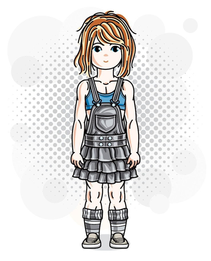 Vecteur jolie petite fille rousse en jeans. illustration vectorielle de la position humaine.