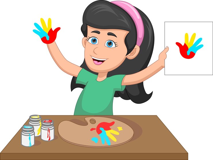 Vecteur jolie petite fille utilisant de la peinture pour les empreintes de mains