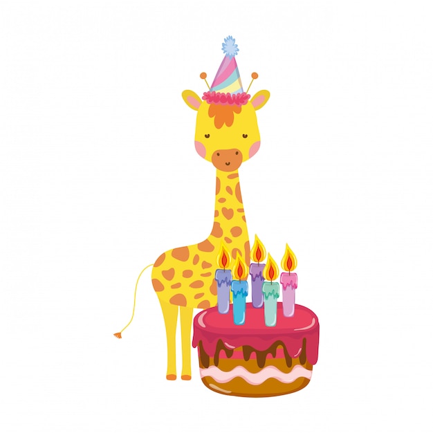 Jolie Et Petite Girafe Avec Chapeau De Fête Et Gâteau Sucré