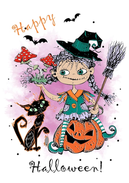 Vecteur jolie petite sorcière avec un chat noir et des champignons vénéneux halloween
