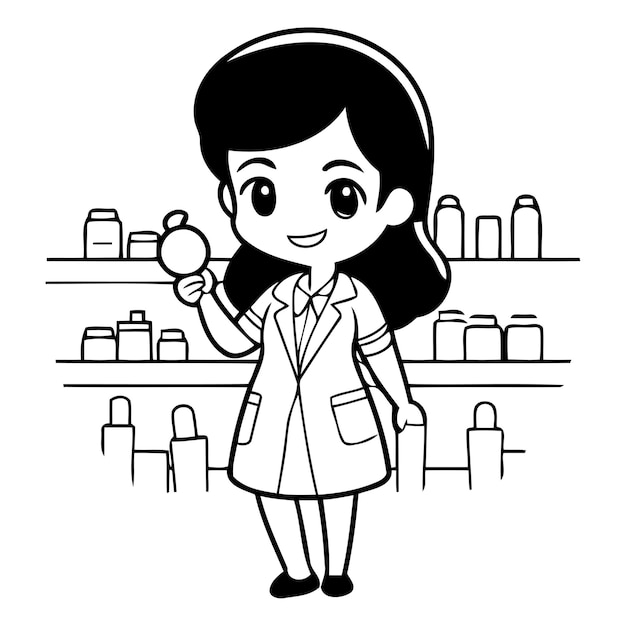 Vecteur une jolie pharmacienne de dessins animés tenant une loupe illustration vectorielle