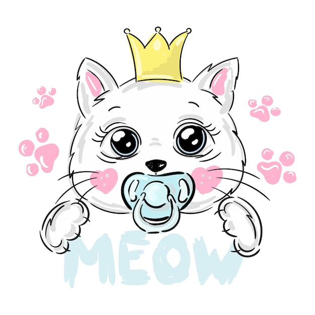 Jolie princesse chat chaton fille avec couronne de sucette et impression vectorielle de patte Meow