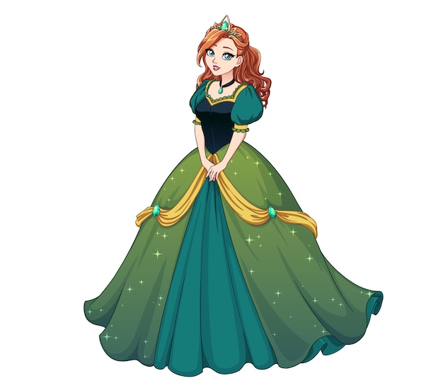 Jolie princesse de dessin animé debout et portant une robe de bal verte. Cheveux bouclés rouges, grands yeux bleus.