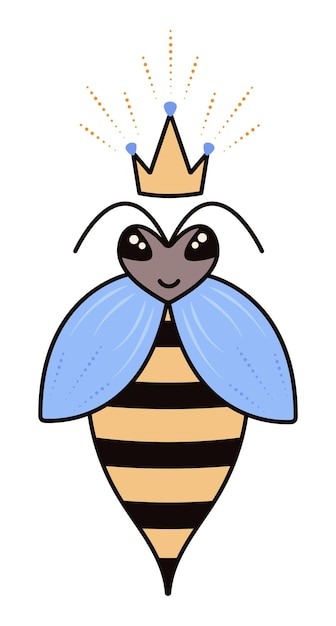 Vecteur jolie reine d'abeille avec une couronne d'abeille mère illustration vectorielle de couleurs brun foncé jaune et bleu