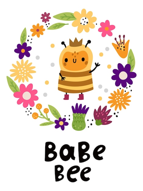 Vecteur jolie reine des abeilles dans un cadre de couronne florale carte décorative